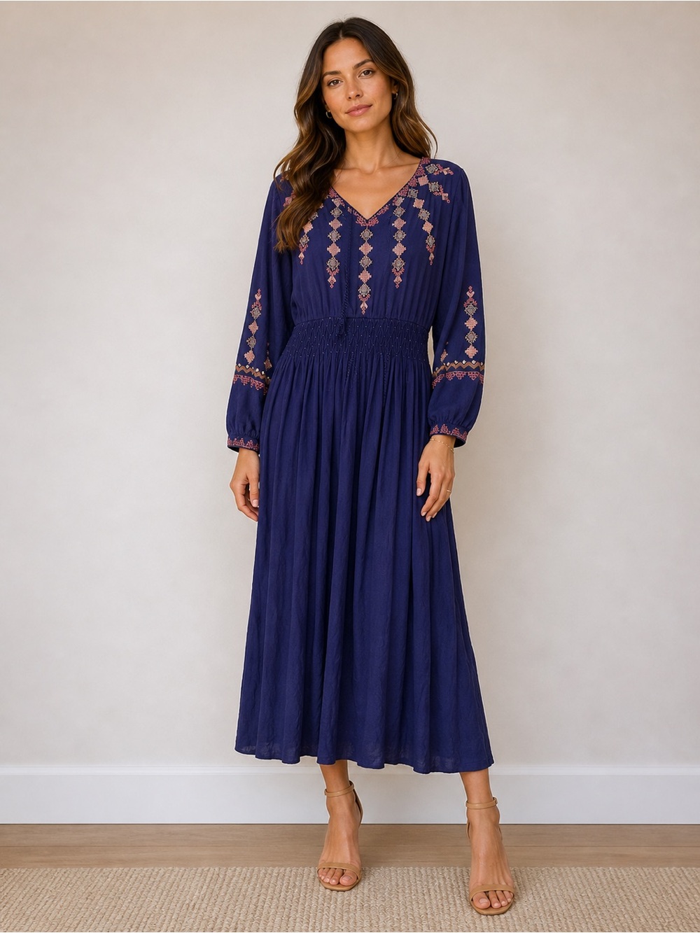 Soft Surroundings Socorro Boho Embroidered Long Sleeve Midi Dress Petite Medium
